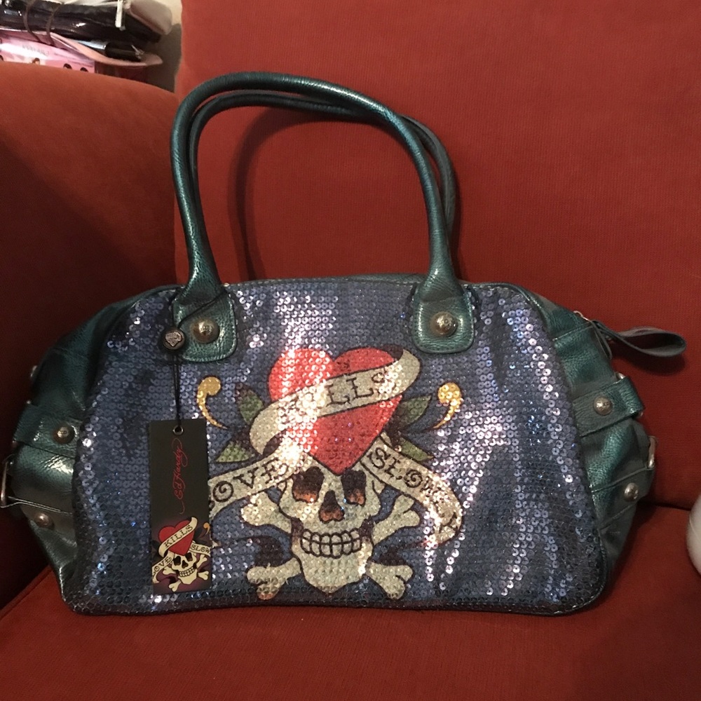 Love Kills Slowly Blue Sequin Hobo Bag.